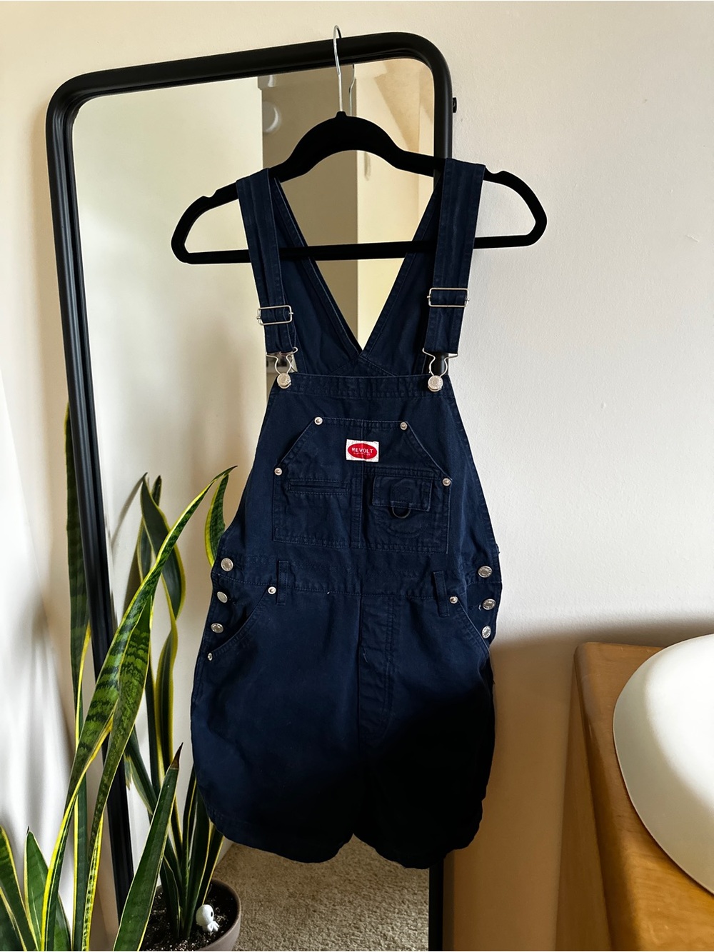 Revolt Navy Blue Short Overalls with Red Plaid Patch